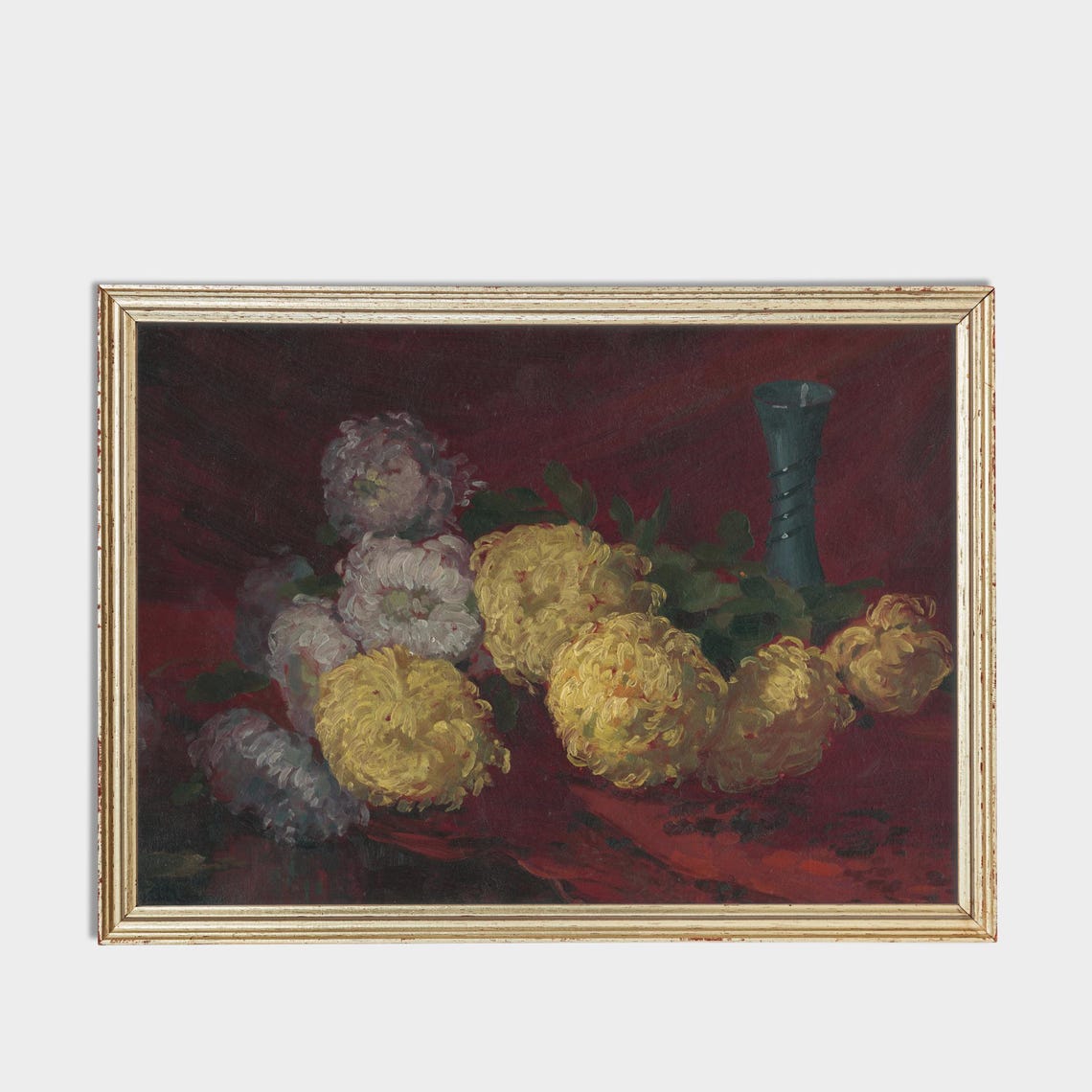 Yellow and White Chrysanthemums Still Life with Blue Vase Poster - Image 3