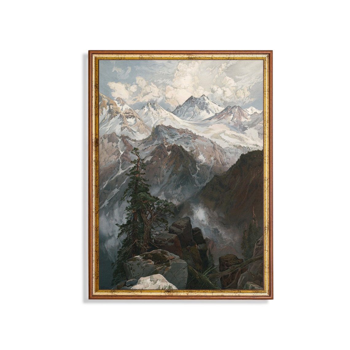 Snowy Mountain Peaks Painting Alpine Vista Vintage Landscape Wall Art