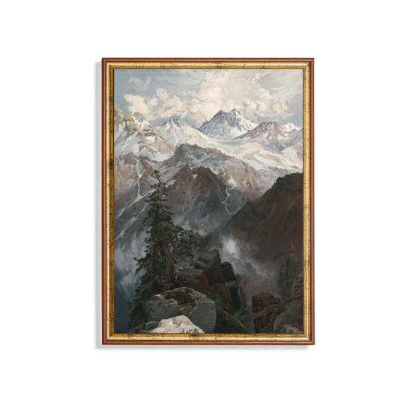 Vintage Landscape Painting Antique Mountain Print Instant Wall Art Farmhouse Decor Livingroom Art Fine Art