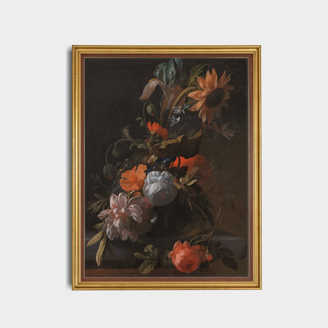 Dahlias and Sunflowers Moody Dark Floral Still Life Painting Poster - Image 4
