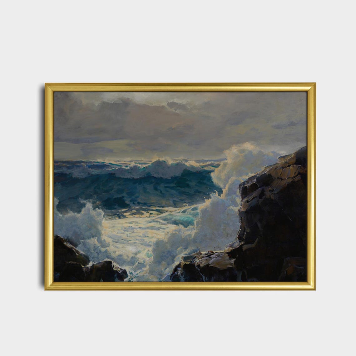 Moonlit Ocean Waves Crashing Against Tall Black Cliffs Poster - Image 2