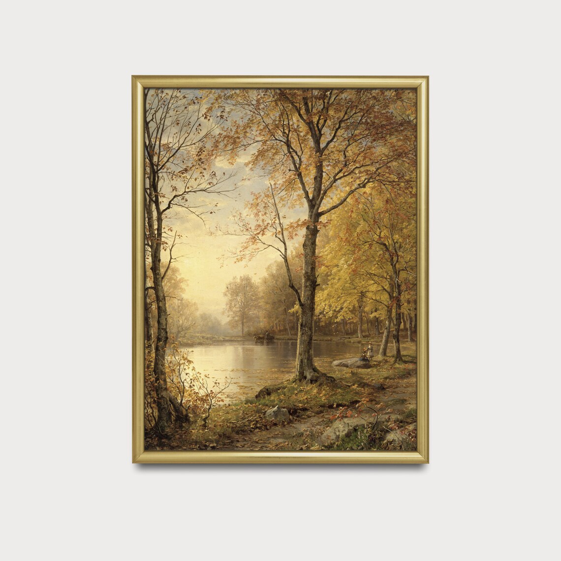 Autumn Forest By A Lake With Anglers Vintage Fall Landscape Oil Poster - Image 3