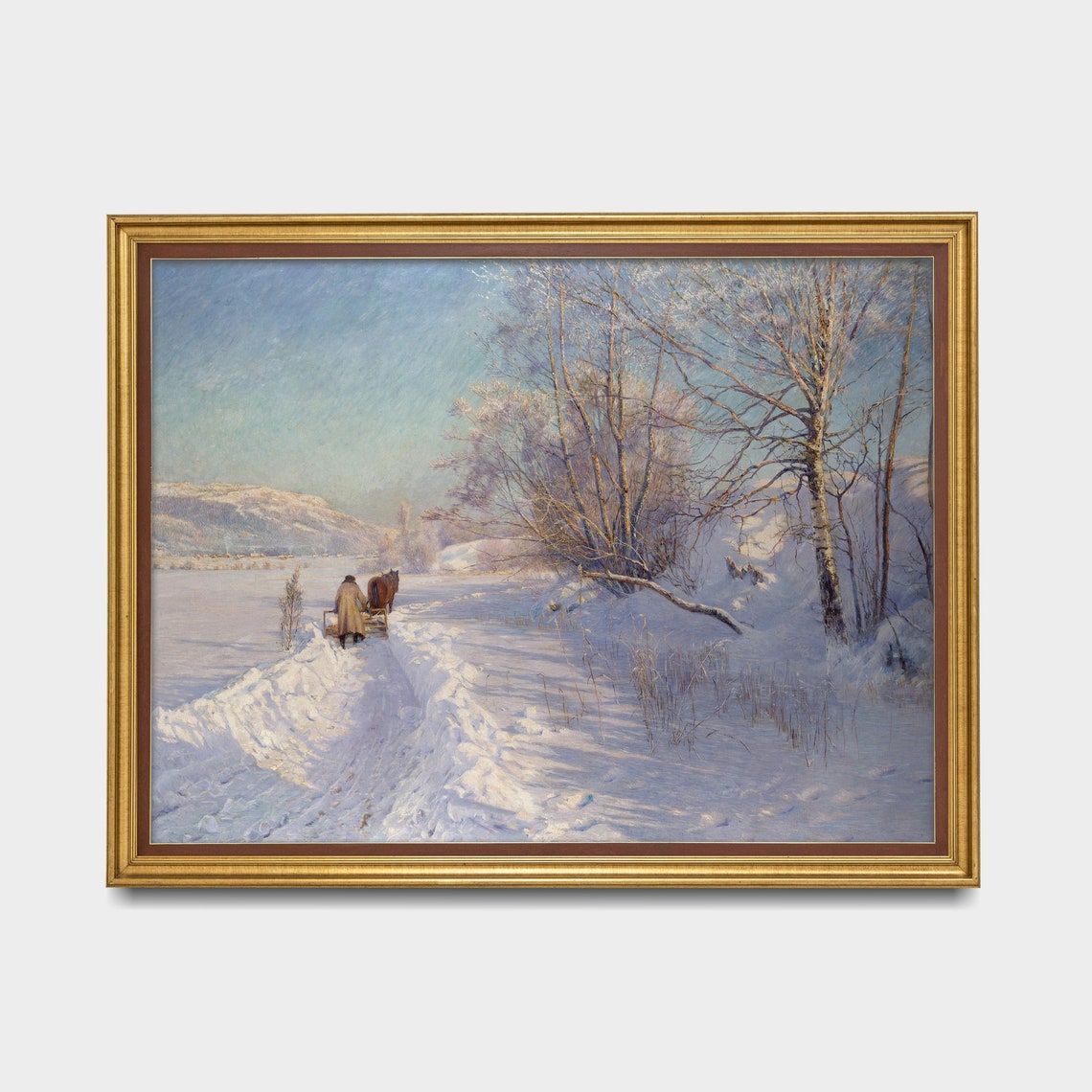 Snowy Winter Sleigh Ride Through a Birch Forest Painting Poster - Image 3