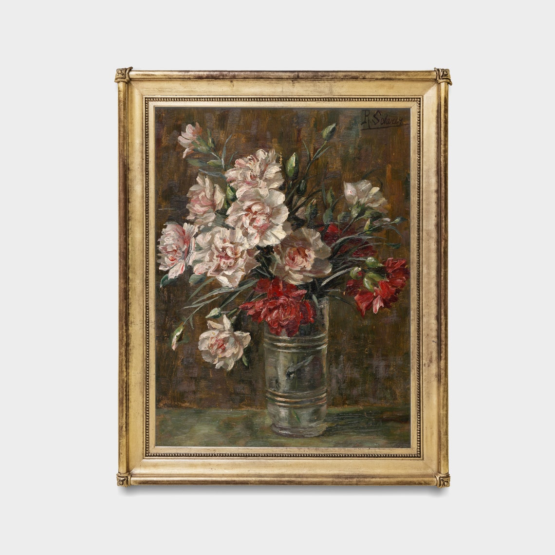 White and Red Carnations in a Glass Vase Vintage Floral Art Print - Image 4