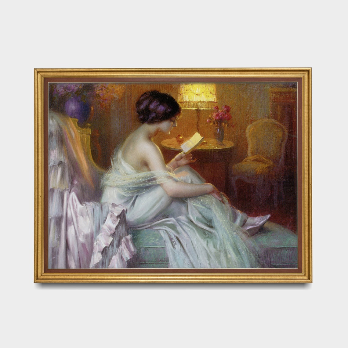 Lady Reading by Lamplight in a Warm Candlelit Evening Interior Poster - Image 3