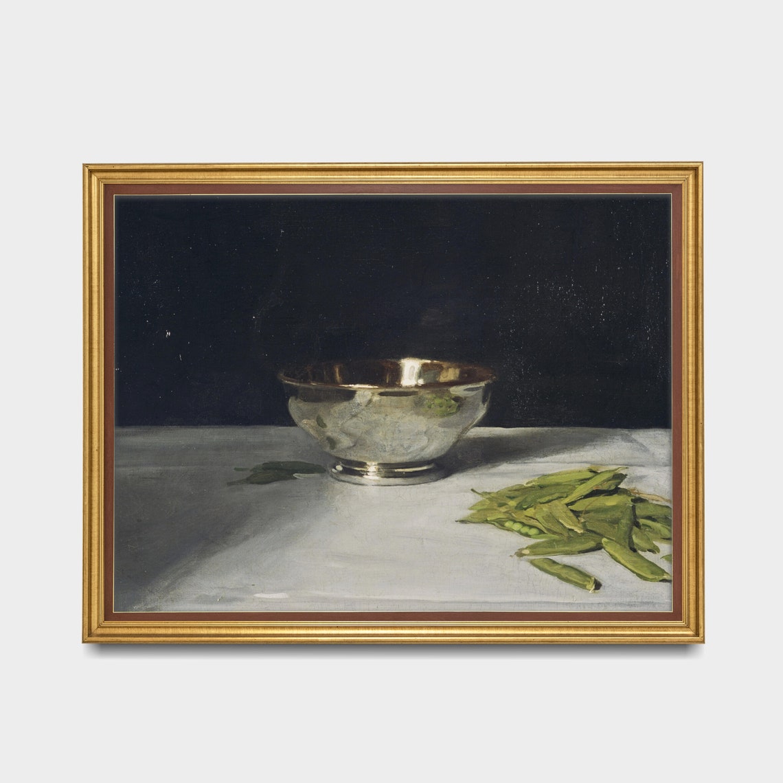 Silver Bowl and Green Peas Minimalist Still Life Painting Poster - Image 3