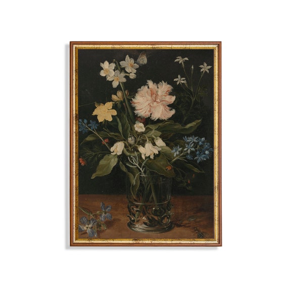 Vintage Still Life With Flowers Antique Floral Painting Moody Rustic Print Wall Art Flowers In A Vase