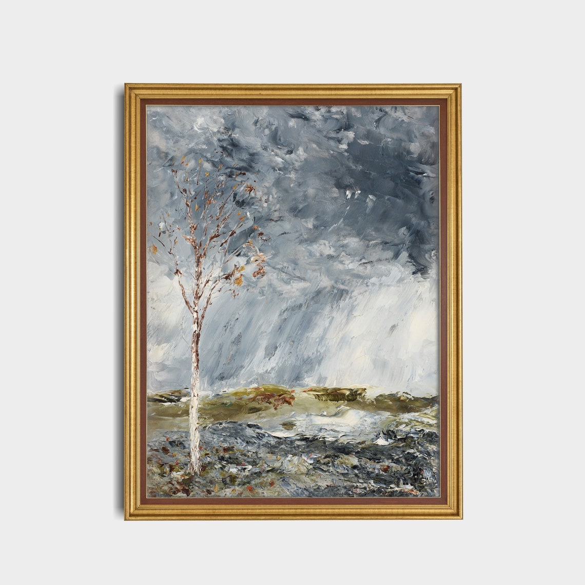 Solitary Tree on Rocky Shore Painting Stormy Sky Moody Wall Art - Image 5