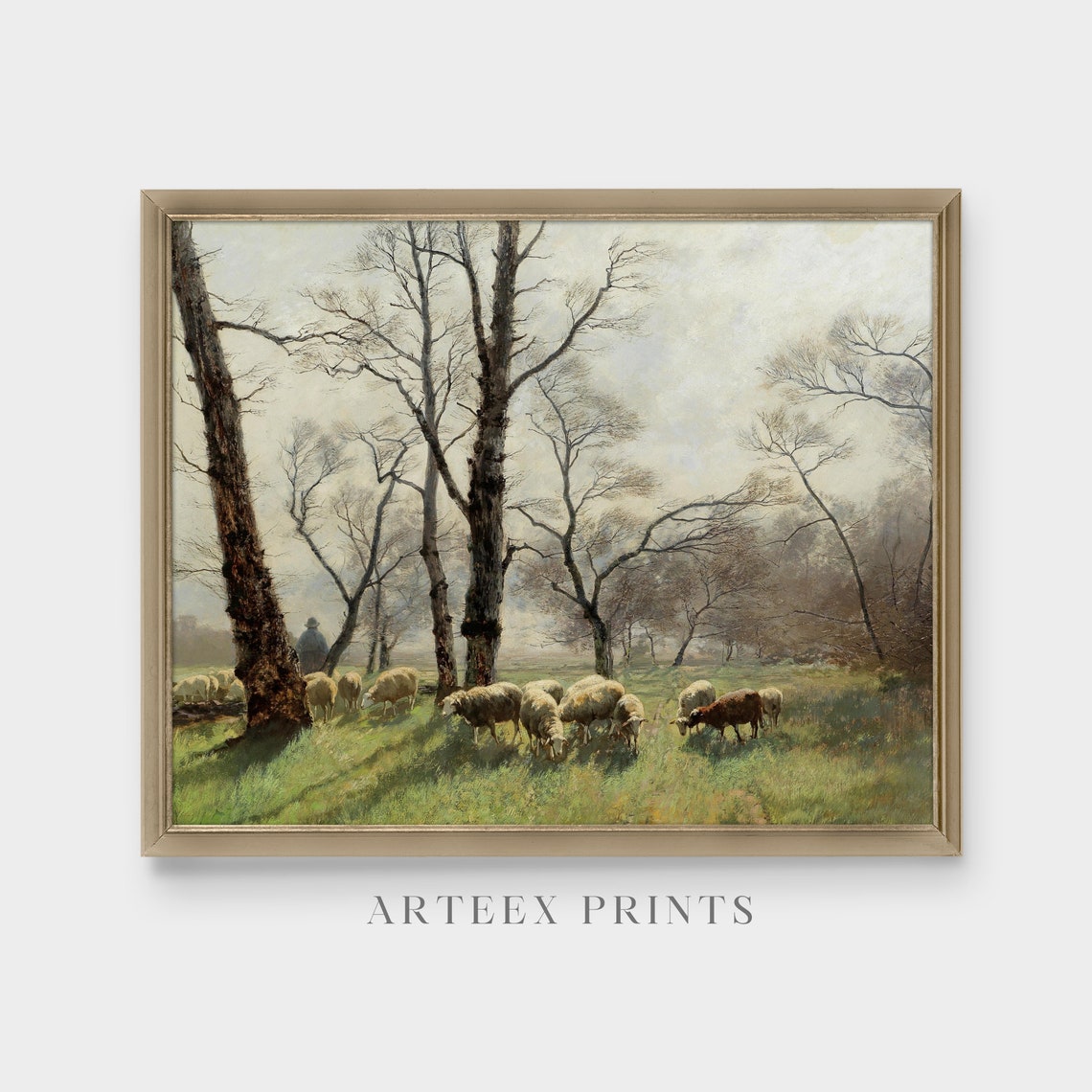 Shepherd Watching His Flock of Sheep in Spring Pasture Poster - Image 5