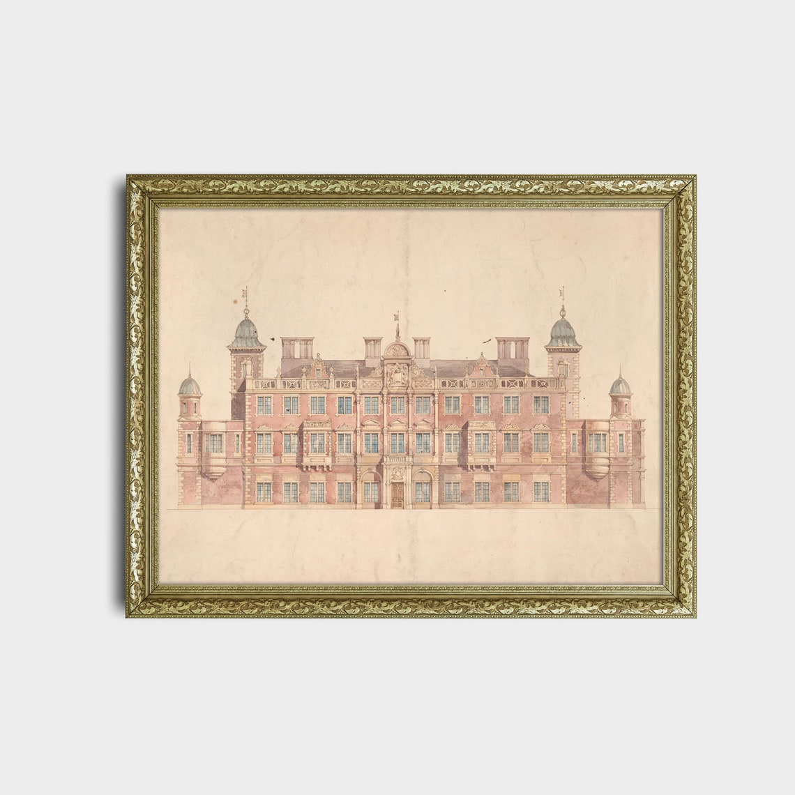 Grand Stately Home Architectural Elevation Watercolor Drawing Print - Image 2