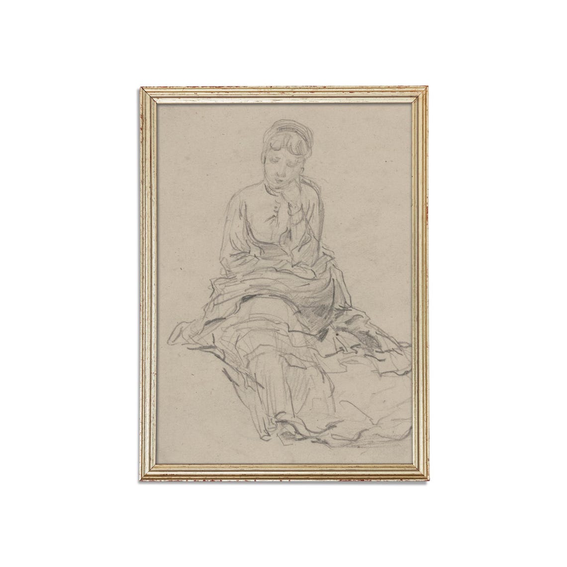 Seated Young Woman In A Dress Pencil Sketch Vintage Drawing Poster - Image 3