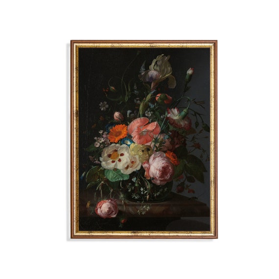 Still Life With Flowers Painting Vintage Wall Art Moody Rustic Floral Print Antique Art Dark Academia