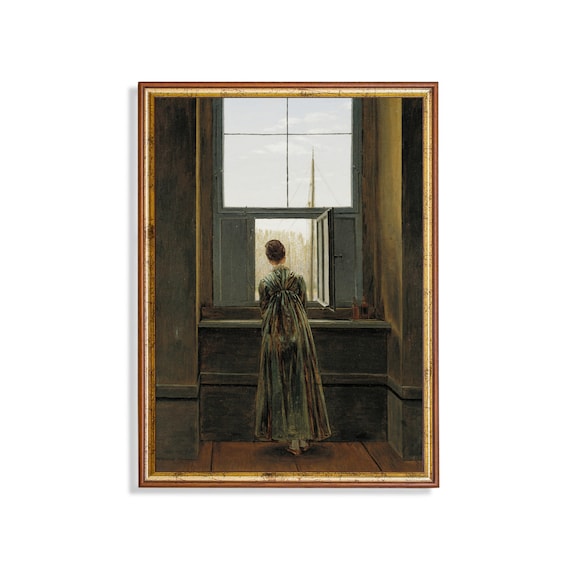 Woman At The Window Harbor View Romantic Era Painting Poster