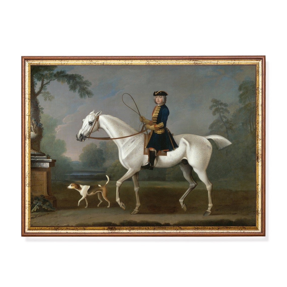 Antique Young Gentleman Riding White Horse with Hound Poster