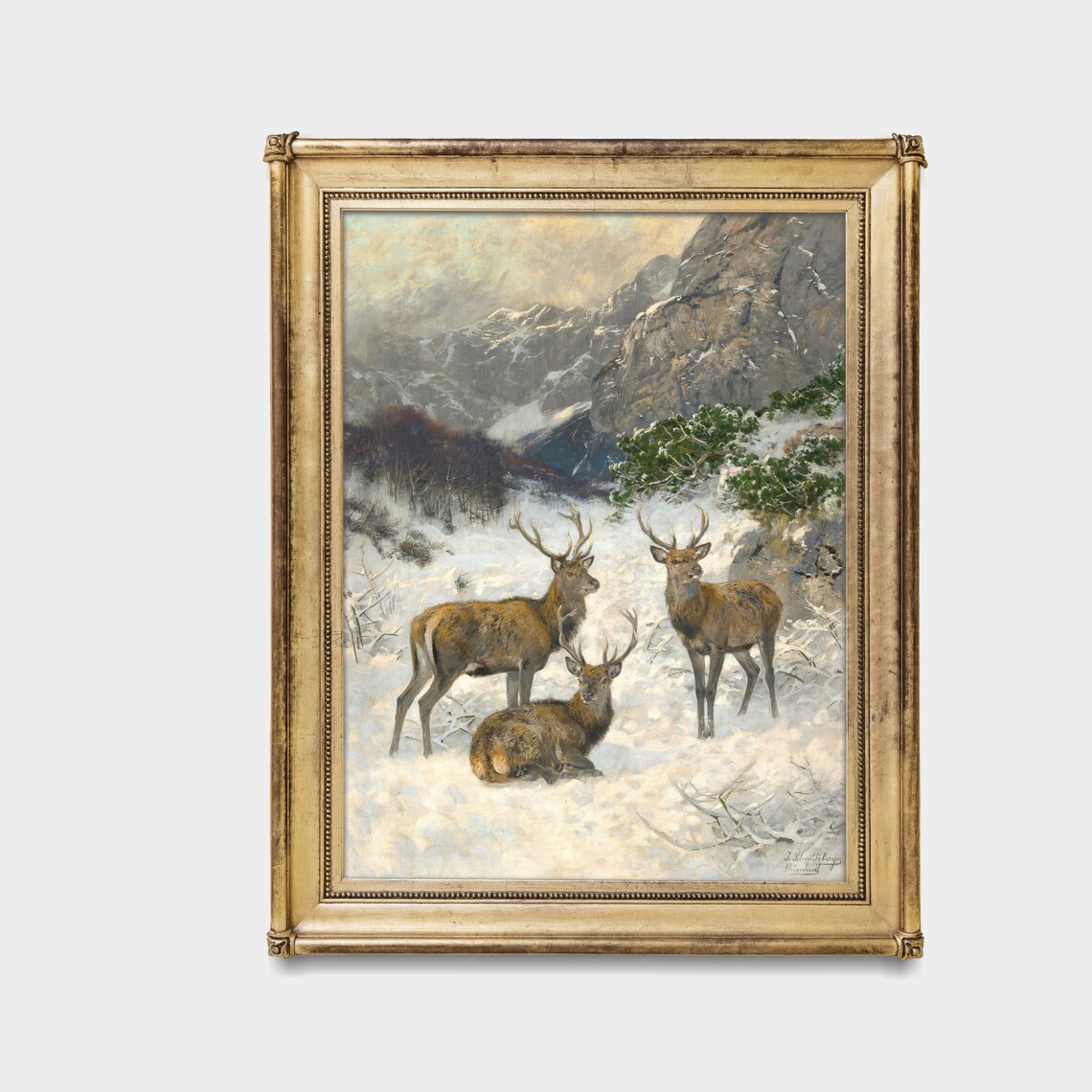 Red Deer Stags In Snowy Mountain Valley Vintage Wildlife Poster - Image 3