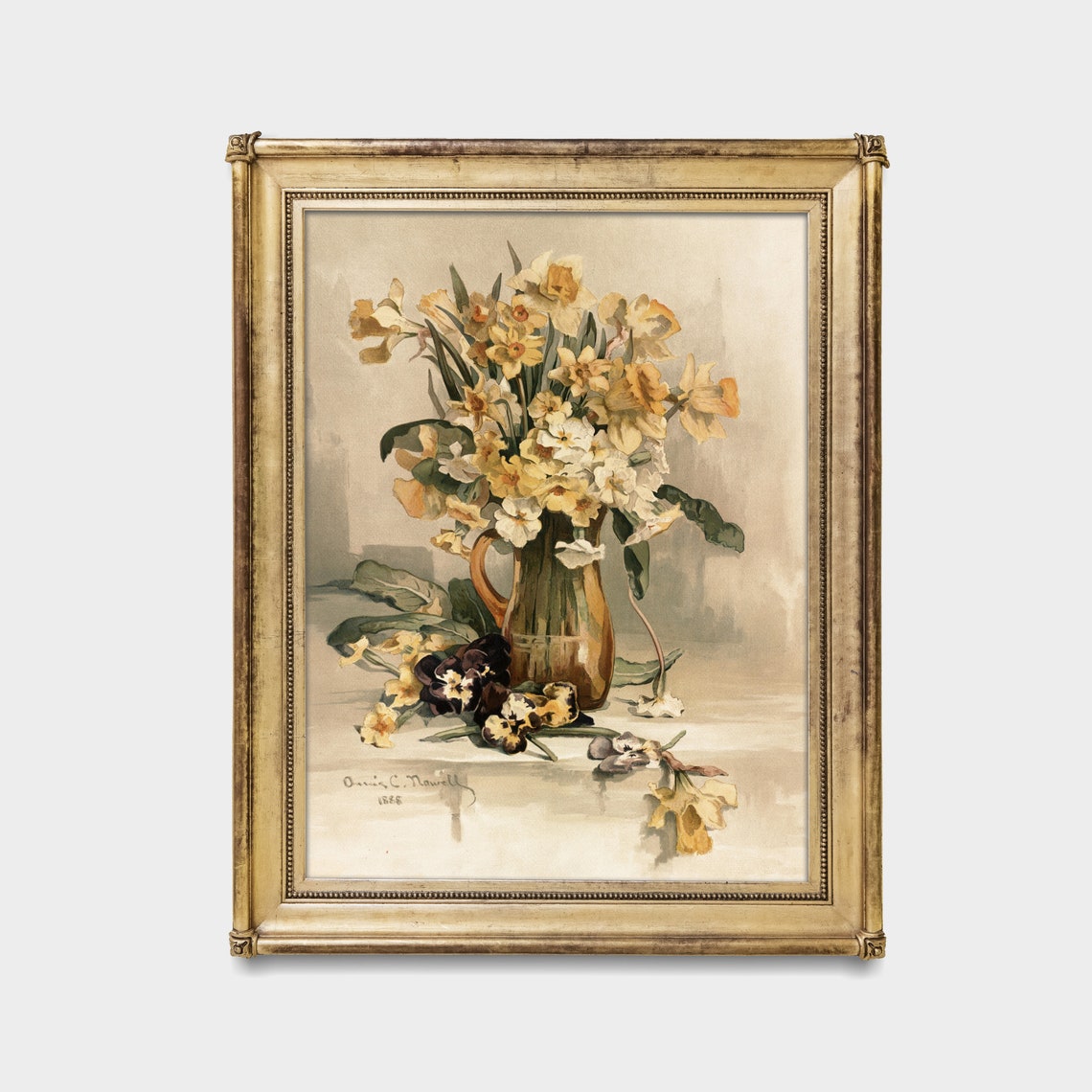 Daffodils in a Pitcher with Pansies 1888 Floral Watercolor Poster - Image 2