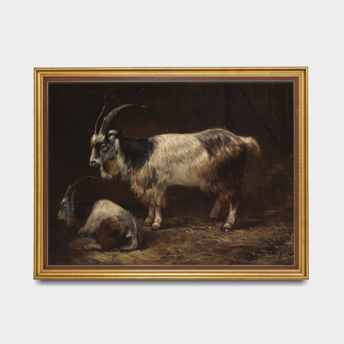 Two Goats in Moody Dark Rustic Farm Animal Oil Painting Poster - Image 3