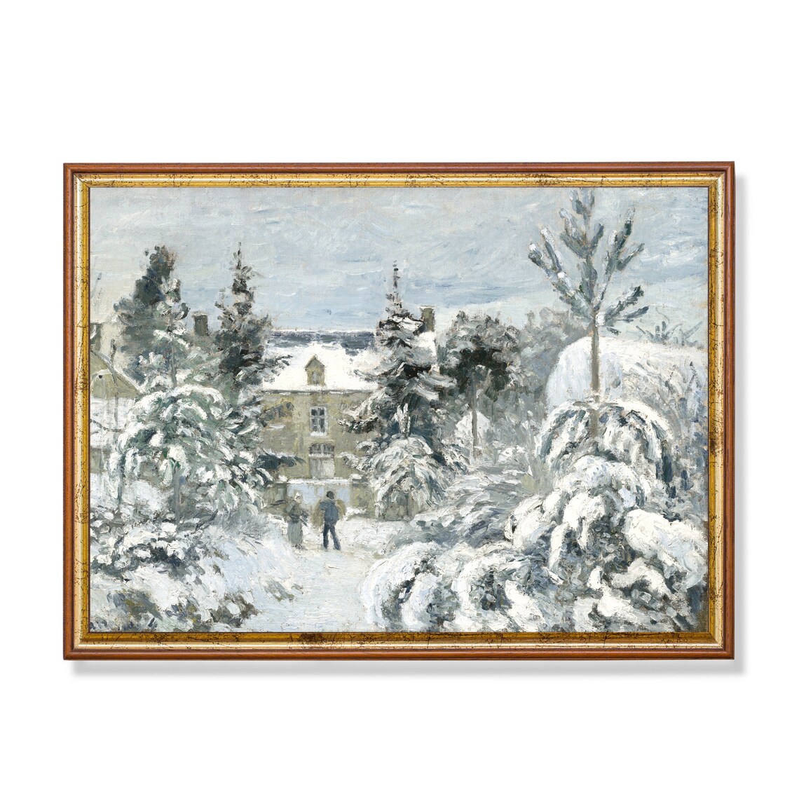 Snowy Village Garden With Two Figures Vintage Winter Art Poster