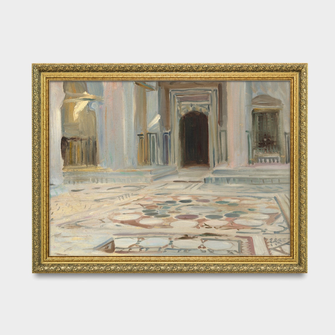 Sunlit Italian Church Interior with Ornate Mosaic Marble Floor Poster - Image 2