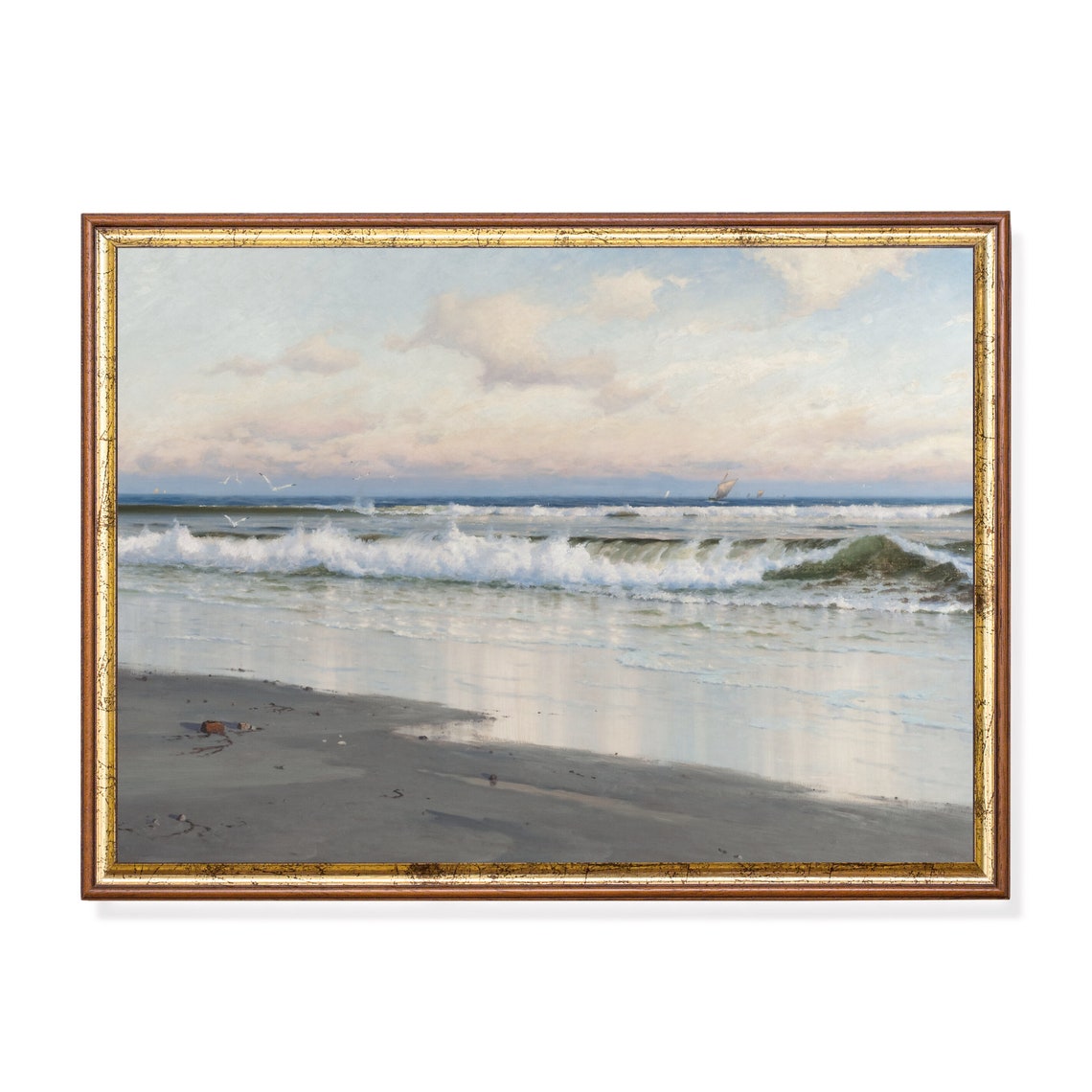 Sunset Ocean Waves Breaking on a Sandy Beach Antique Seascape Poster