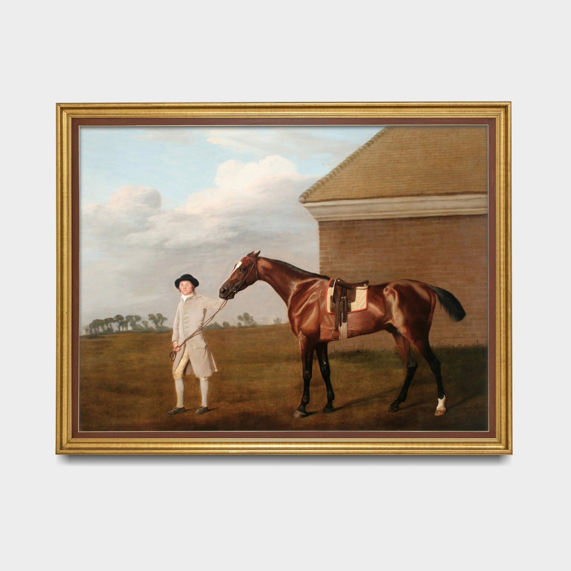 Groom Holding a Bay Horse Beside a Brick Stable Equestrian Poster - Image 3