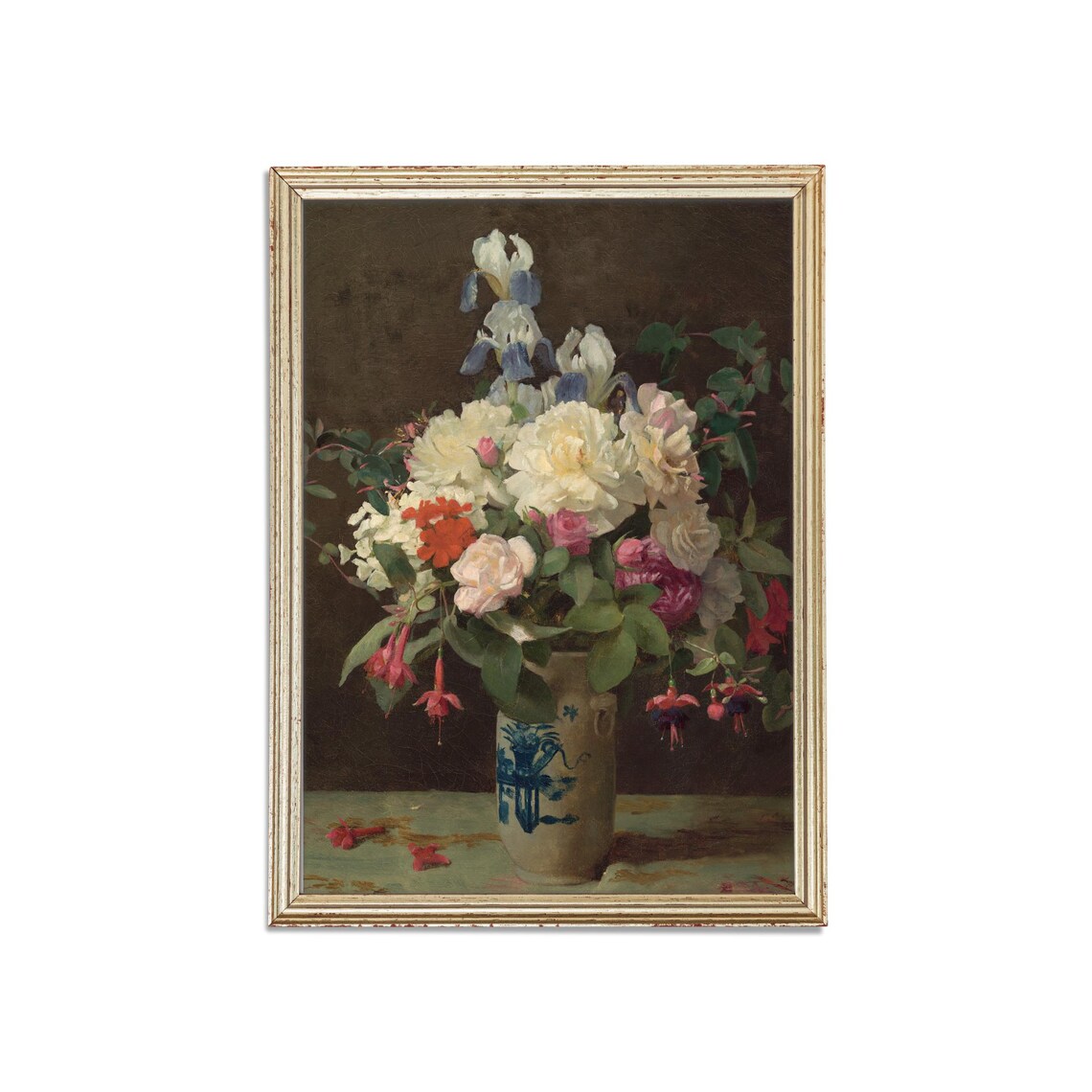 Bouquet of Roses and Irises in a Delft Vase Still Life Poster - Image 3