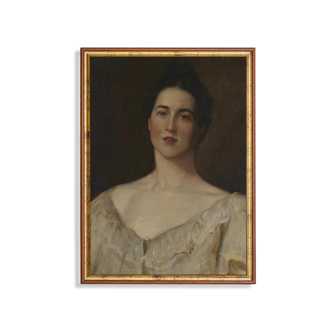 Woman in a White Dress Antique Victorian Oil Portrait Poster