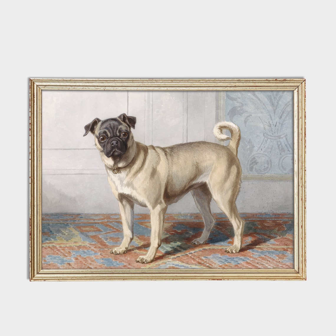 Pug Dog Standing on a Patterned Rug Antique Pet Portrait Poster - Image 2