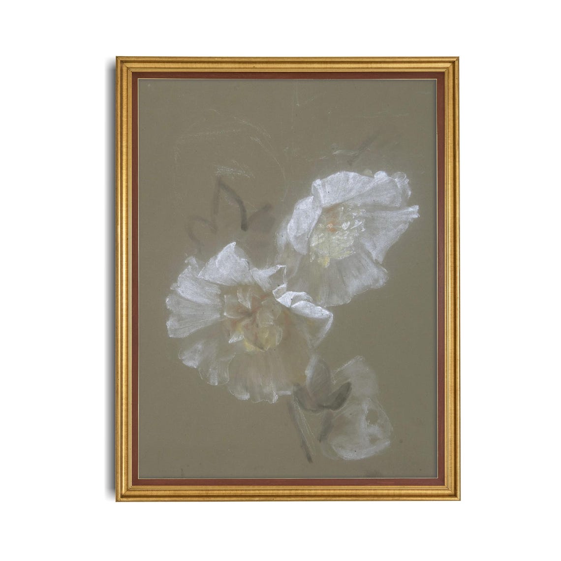 White Peony Blossoms Delicate Antique Botanical Study on Taupe Poster - Image 4