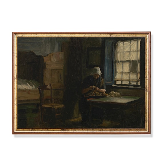 Woman Peeling Potatoes In A Dark Dutch Interior Vintage Poster