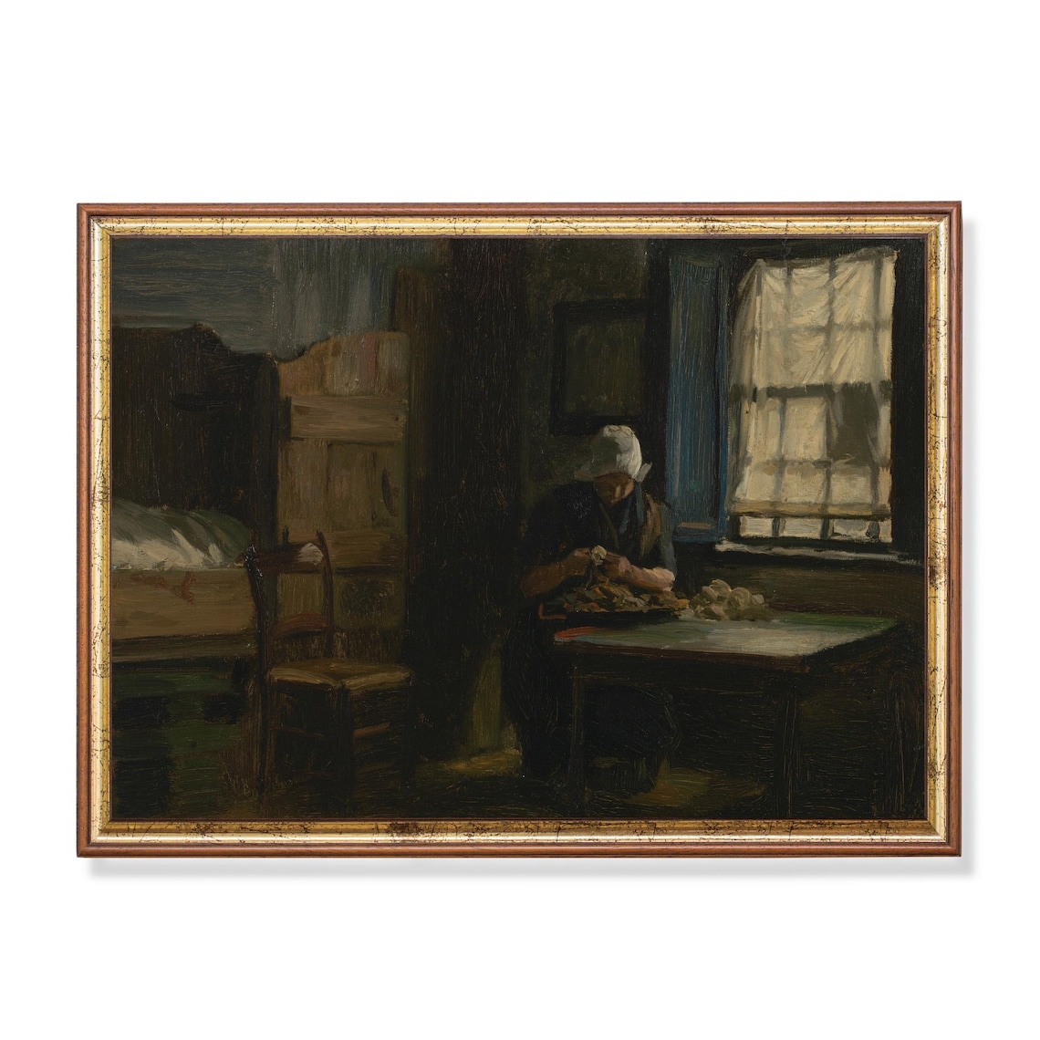 Woman Peeling Potatoes In A Dark Dutch Interior Vintage Poster