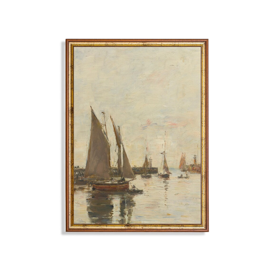 Sailboats Anchored in Quiet Harbor at Dawn Vintage Seascape Poster