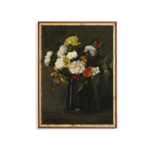 Still Life Painting Vintage Flowers Print Dark Moody Floral Wall Art Country Decor Antique Dark Academia