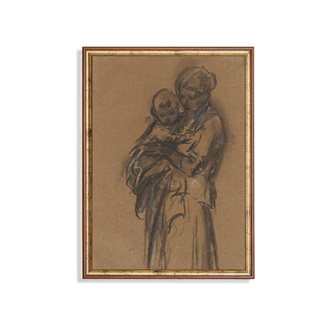 Mother Tenderly Holding Her Child Charcoal Sketch Vintage Poster