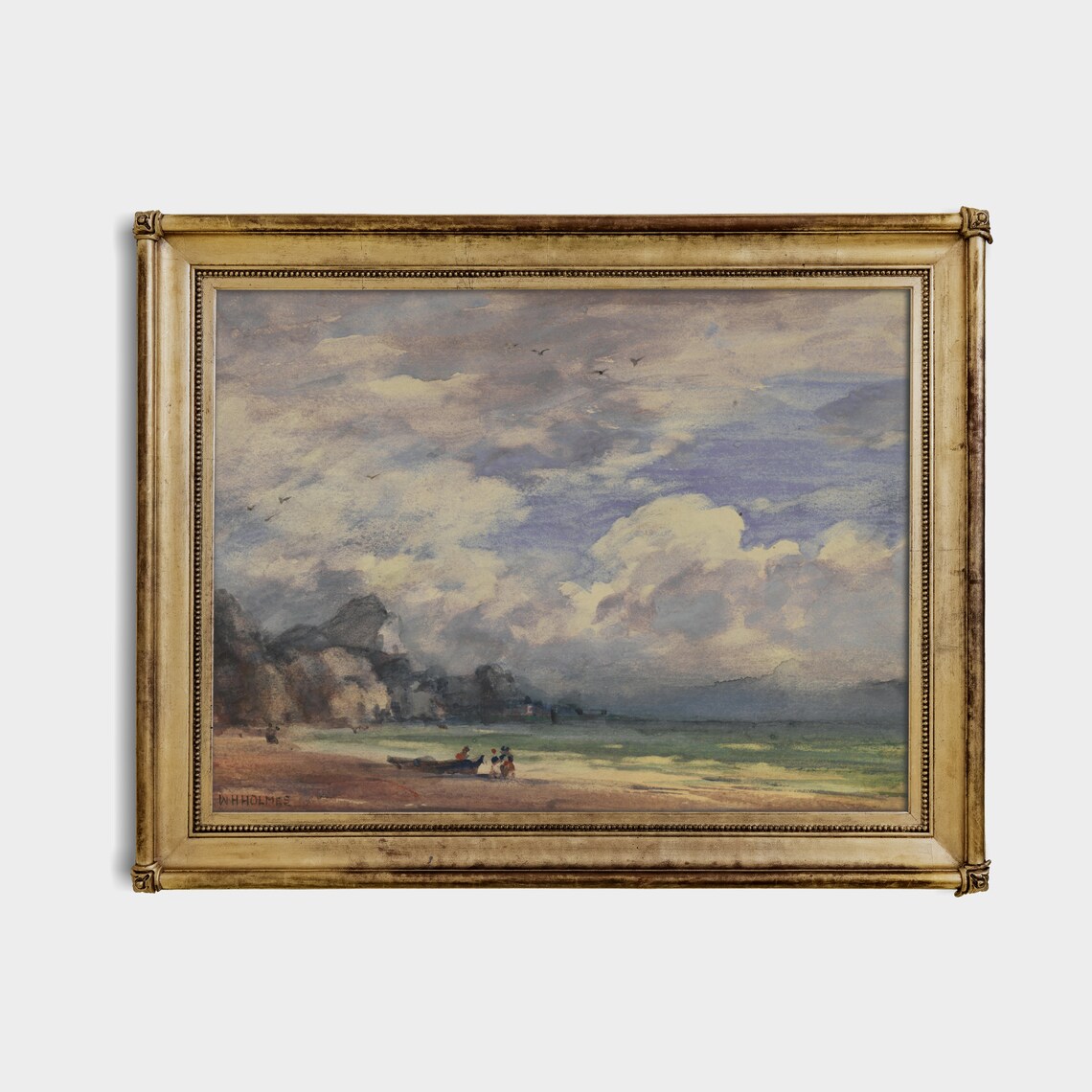 Stormy Beach Watercolor Seascape with Sailors and Boats Poster - Image 4