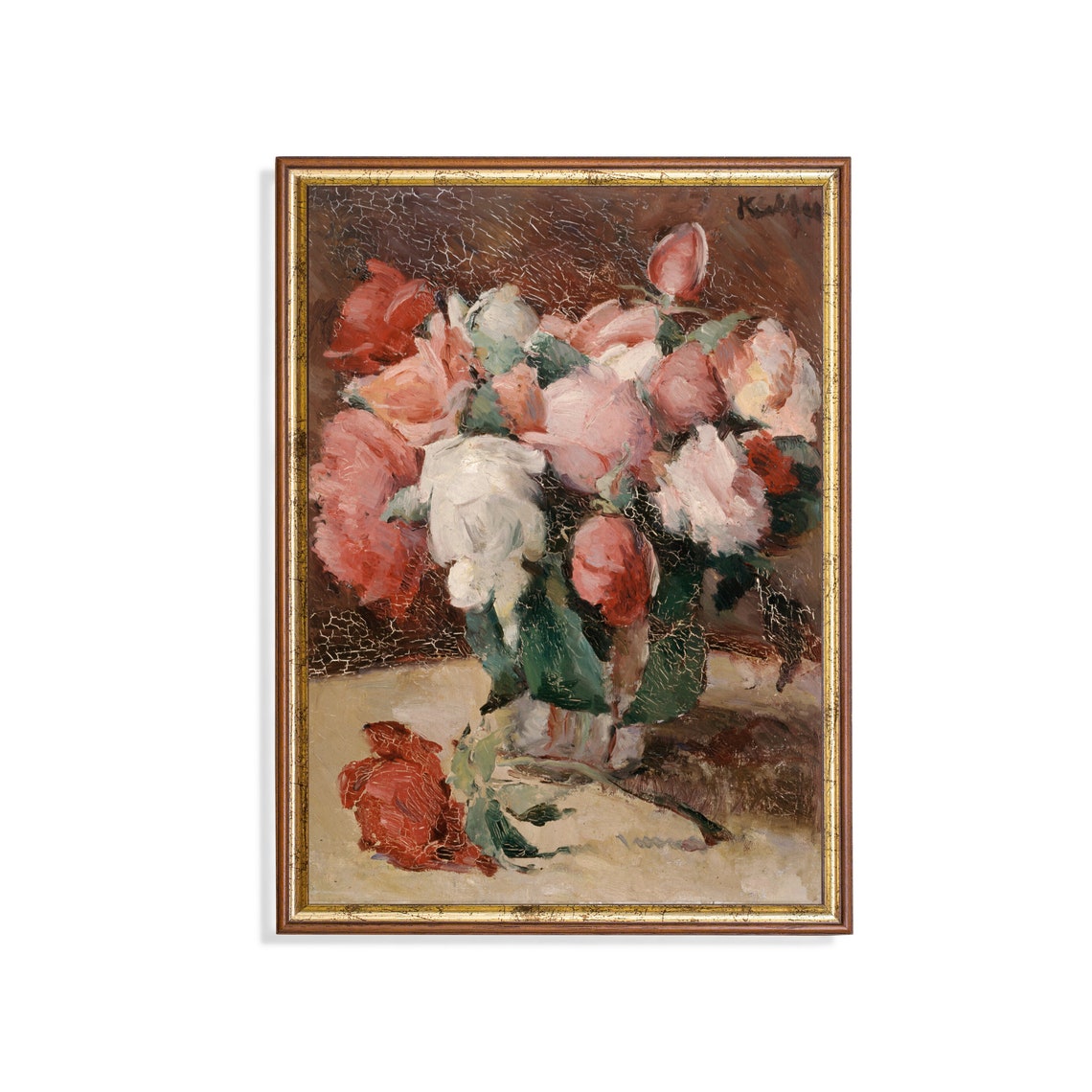 Pink and White Roses in a Vase Impressionist Still Life Art Poster