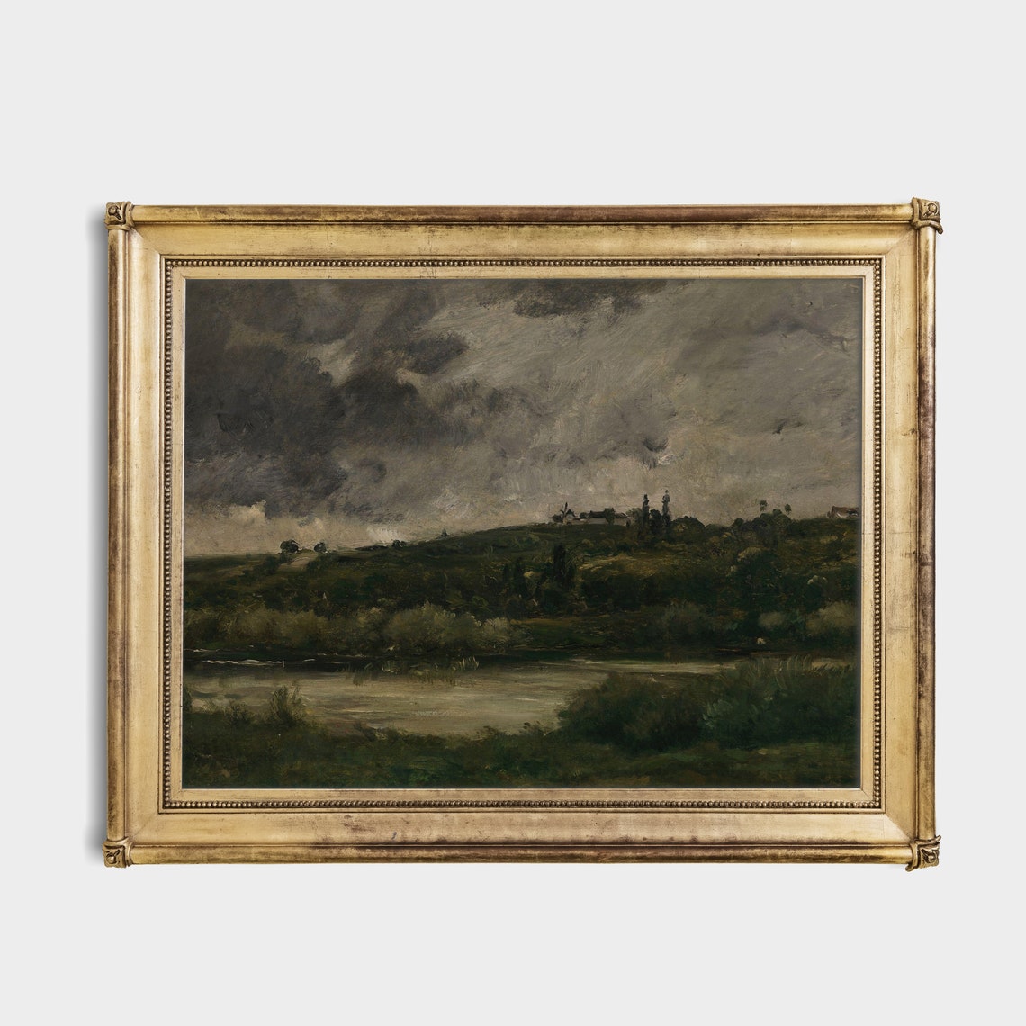 Stormy River Landscape With Dark Clouds Over a Distant Village Poster - Image 2