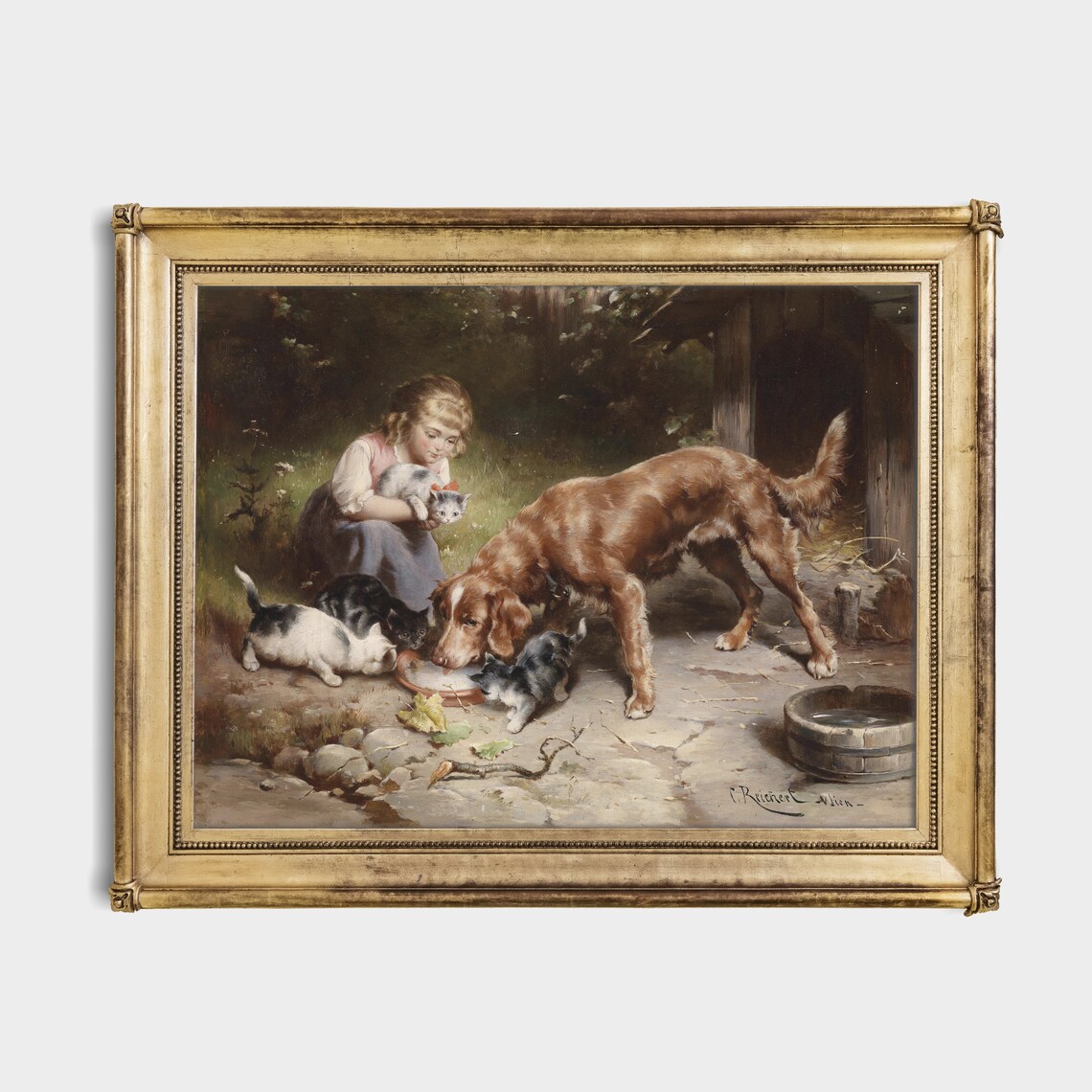 Little Girl with Dog and Kittens Sharing Milk Genre Painting Print - Image 4