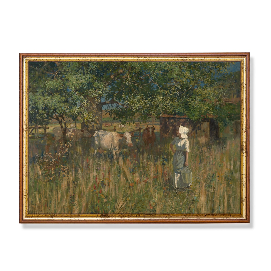 Vintage Milkmaid With Cows Painting Country Farm Meadow Wall Art