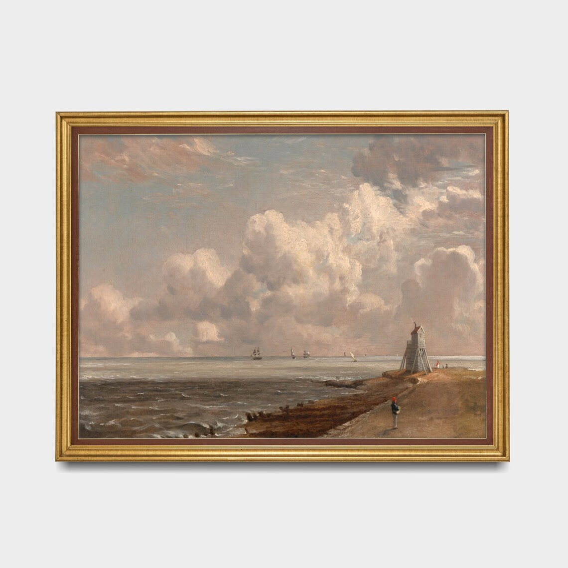 Vintage Coastal Scene With Watchtower and Ships at Sea Poster - Image 3