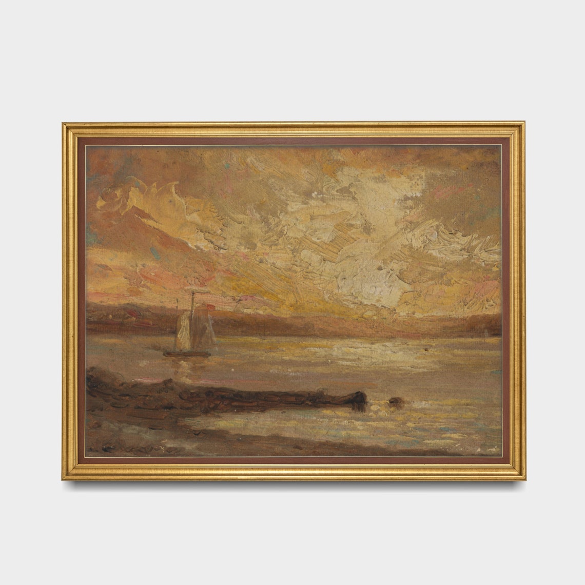 Golden Sunset Seascape with Lone Sailboat on Calm Water Vintage Poster - Image 3