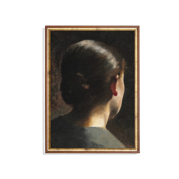 Back View Of Woman With Dark Bun And Red Earring Dark Portrait Poster