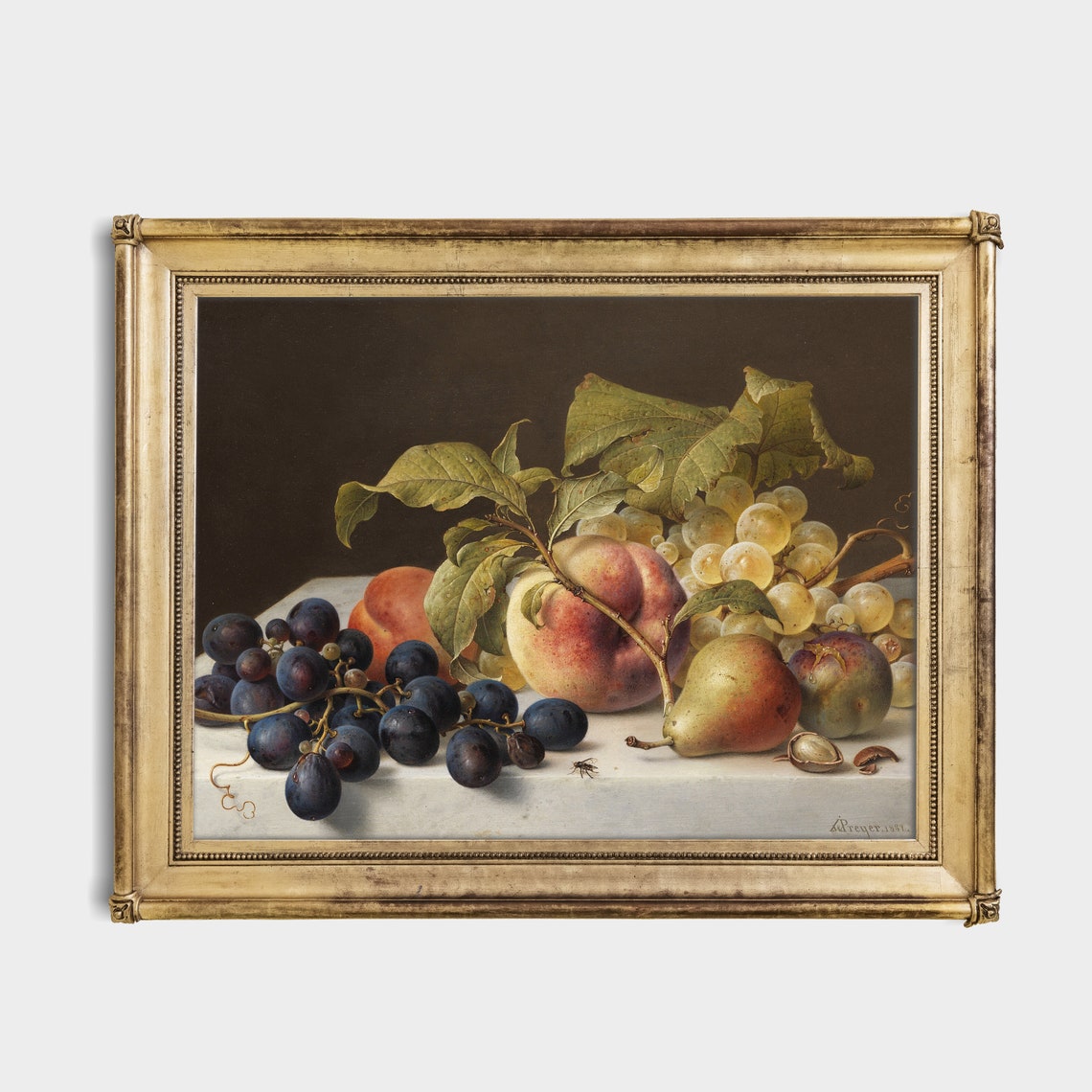 Still Life of Grapes Peaches and Pears Antique Fruit Painting Print - Image 4