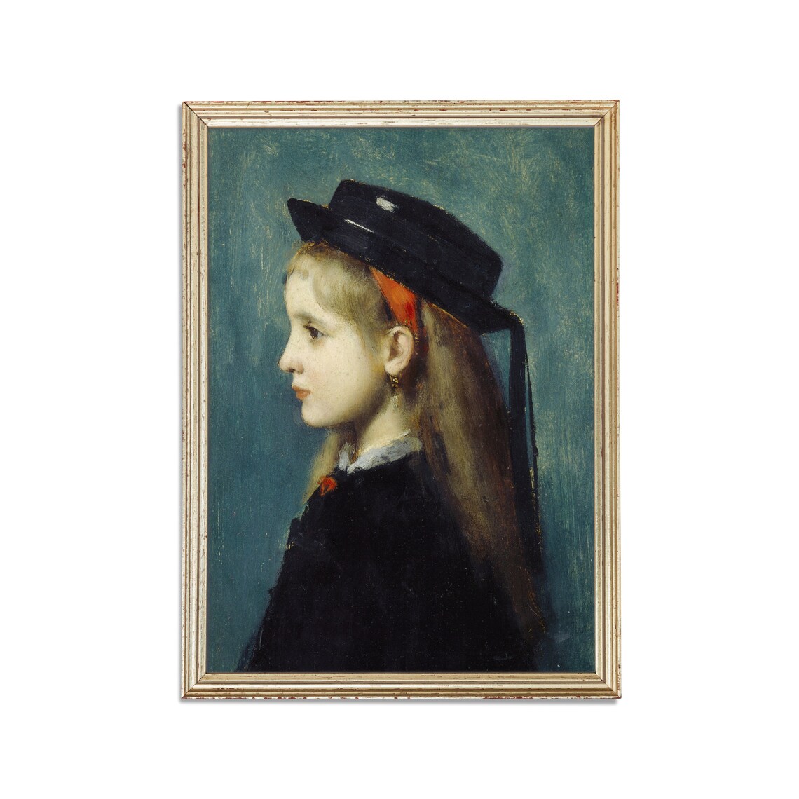 Girl in Profile with a Black Hat and Red Ribbon Vintage Portrait Poster - Image 2