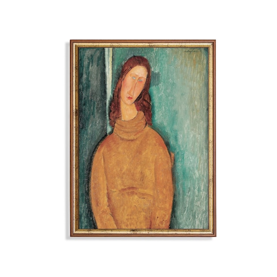 Woman in Ochre Turtleneck Against Teal Modigliani Style Portrait Poster