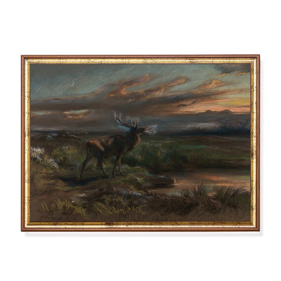 Vintage Stag Red Deer Twilight Moor Moonlit Sky Oil Painting Poster