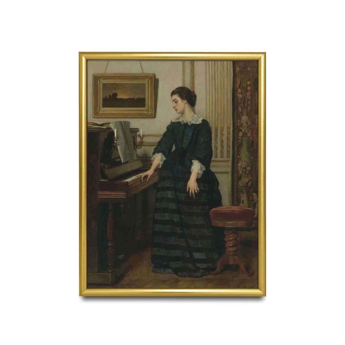 Victorian Woman At The Piano Antique Interior Portrait Painting Poster - Image 2