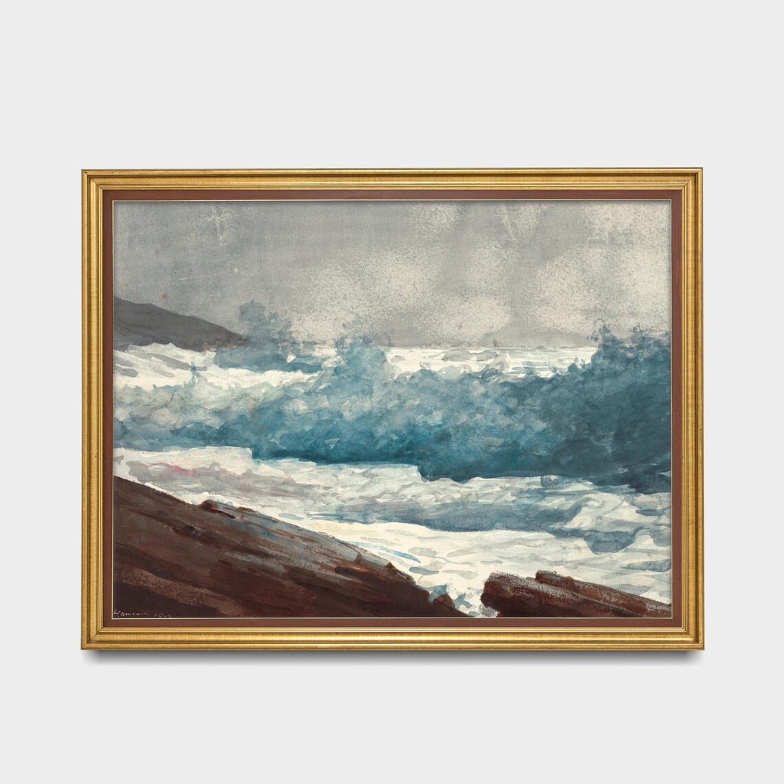 Crashing Ocean Waves Watercolor Coastal Seascape Antique Poster - Image 2