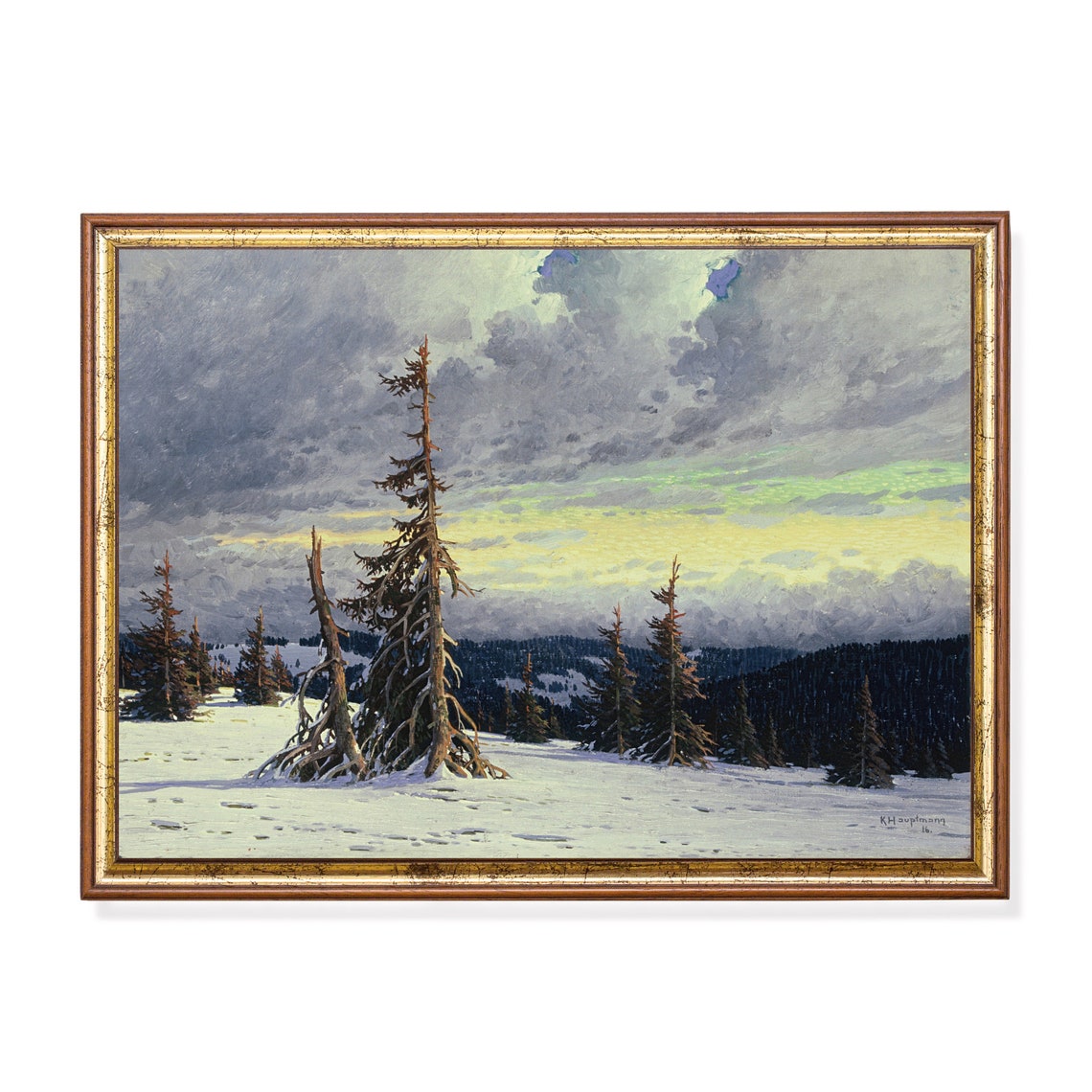 Wind Bent Pines on a Snowy Mountain Ridge at Dusk Vintage Poster
