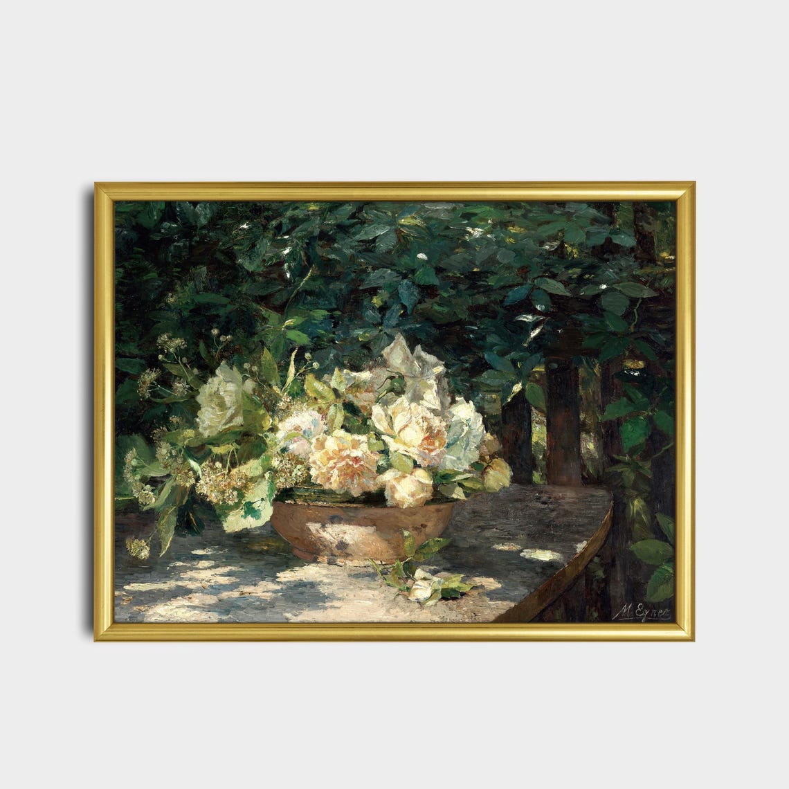 White Roses in a Bowl on a Sunlit Garden Table Still Life Poster - Image 2